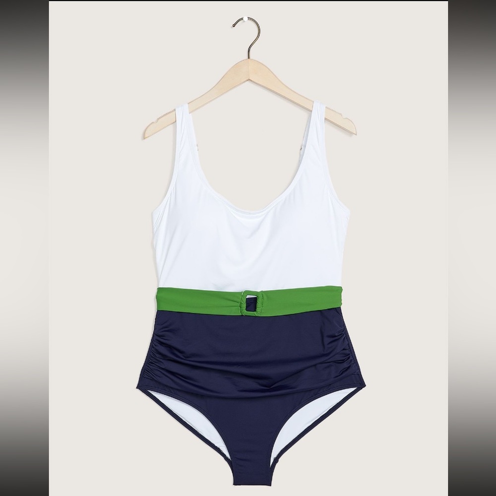 NWT Anne Cole scoop neck belted white navy swimsuit - size 18